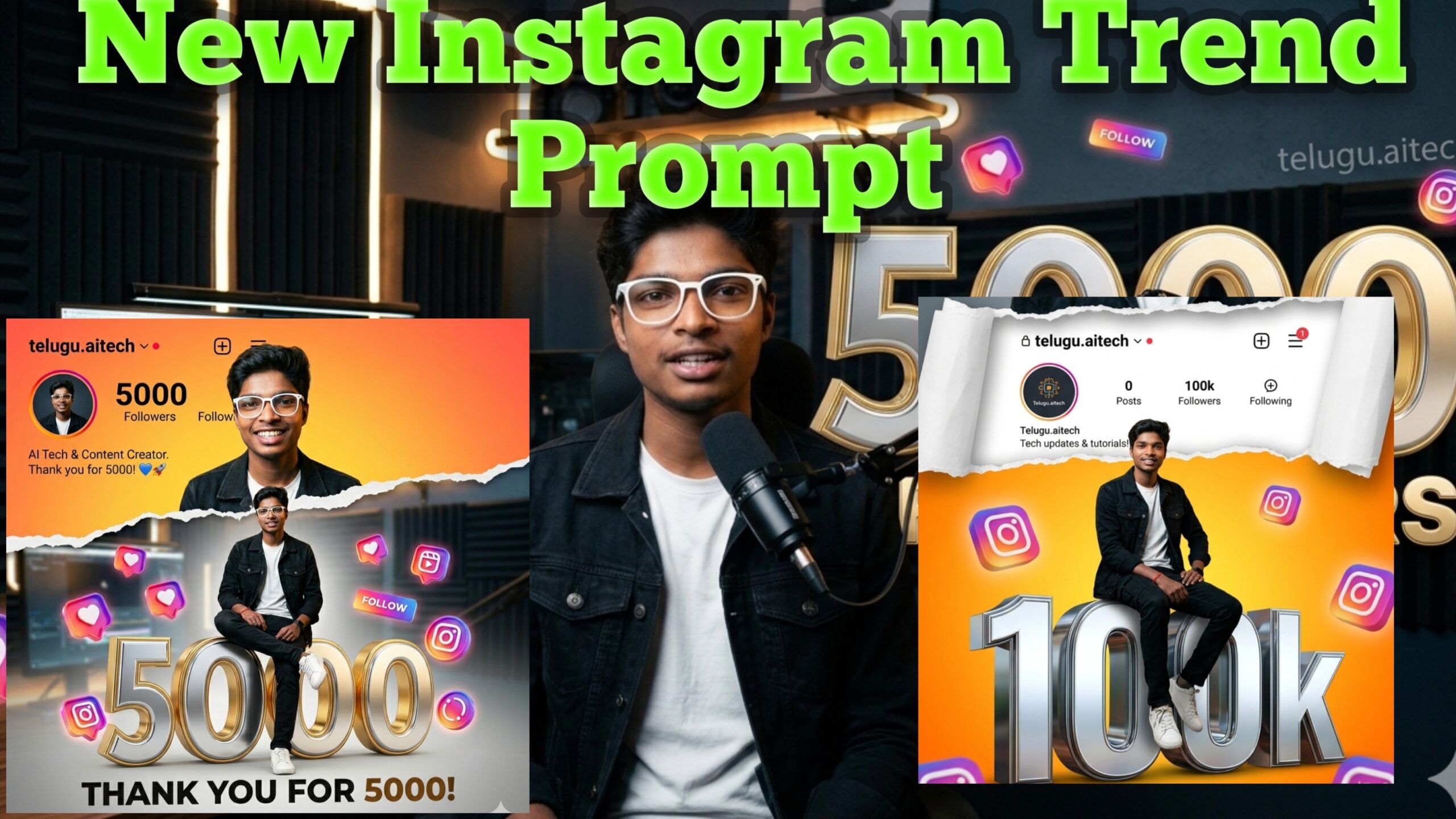 containing 3D floating Instagram icon and glow effect for text “Celebrating 5000 Followers.”